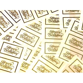 Pack of 24 Happy Birthday Stickers, Bright Shiny Gold on Clear Transparent - Labels for Cards, Craft and Decoration