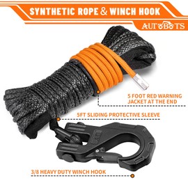 AUTOBOTS Synthetic Winch Rope 1/4" X 50 Ft，Max 9500lbs Winch Rope with Heavy Duty 3/8 Winch Hook，Winch Rope Cable Line with Protective Sleeve for Off Road Vehicle ATV UTV Black
