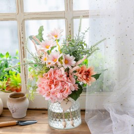 Faux Flowers with Vase, Artificial Silk Flowers in Vase, Plant Eucalyptus, Hydrangea and Gerbera Daisy, Flower Arrangement for Home Spring Decor Dining Table Centerpiece Decorations Coffee Table Decor