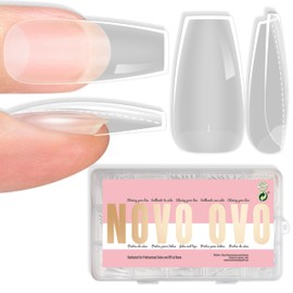 NOVO OVO Medium Coffin Nail Tips Extra Thick Press on No C Curve, Soft Gel Natural Fake Nail Extension, Full Cover Clear False Nails for Acrylic, French Manicure Salon DIY x 14 Sizes 224 pcs