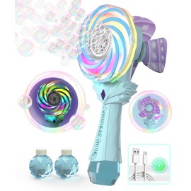 Bubble Wand - Rechargeable Bubble Machine for Kids with Color-Changing Lights & Windmill Lollipop Design - Gifts Toys Ages 3+ for Boys Girls Easter Outdoor Birthday Party Use
