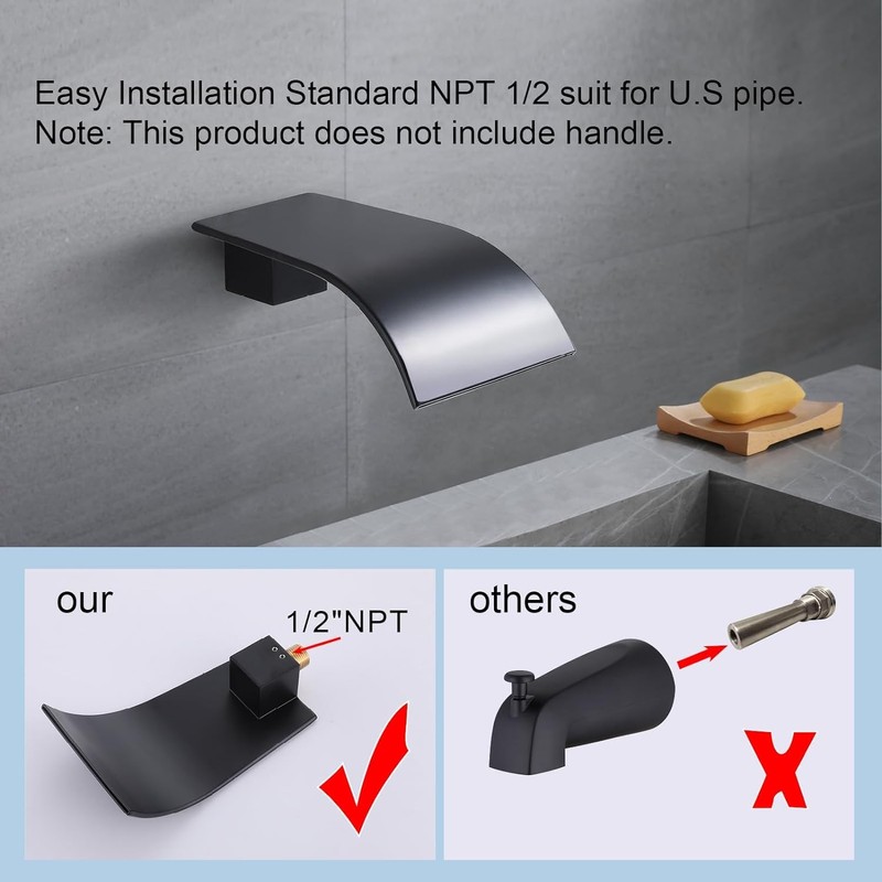 Matte Black Waterfall Tub Spout, High Flow Laminar Waterfall Tub