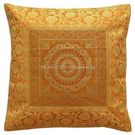 DK Homewares Indian Sofa Cushion Cover 40 x 40 cm Brocade Gold Jacquard Weave Cushion Covers Indian Zip Mandala Bohemian Square Decorative Cushion Cover - 1 Piece (Cover Only)