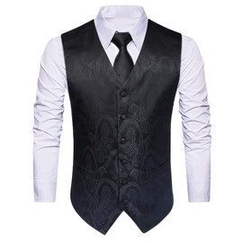 HISDERN Men's Suit Vest, Paisley, Necktie, Pocket Square, 3-Piece Set, Formal, Wedding Vest, Large Size, Fit, 2 Pockets, Black (Please refer to the size chart in picture 2)