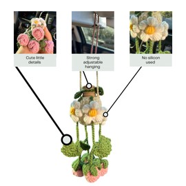 Handmade Pink Berry Bush Car Air Freshener, 7ml Empty Refillable Oil Diffuser with Cute Crochet Flowers Car Mirror Decor Hanging, Car Accessories for Women, Eco-Friendly Car Decor