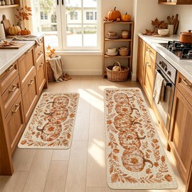 Baccessor Fall Kitchen Rugs Set of 2, Pumpkin Chinoiserie Floral Kitchen Mats for Floor Washable Low-Profile Farmhouse Autumn Holiday Home Indoor Outdoor Decor 17x29 and 17x47 Inch Burnt Orange