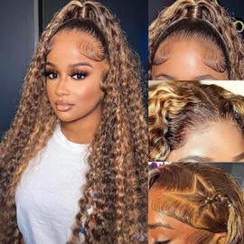 CabeDuck Honey Blonde Ombre Lace Front Wig Human Hair 13x6 Deep Wave Lace Front Wigs Human Hair Pre Plucked 4/27 Highlight Wig Human Hair 180% Density Curly Wig for Women 22 Inch