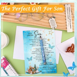 Son Birthday Card Son Keyring Gifts from Mom Dad Inspirational Gifts for Son Happy Birthday Greeting Card Keychains Bookmark Pen, Funny Gifts for Son Adult Birthday Presents Supplies
