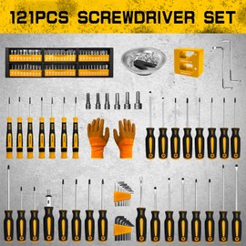 121PC magnetic screwdriver set, precision & torx, chrome vanadium steel, multi-size with hex wrench, flat & hex head, non-slip handles, includes storage rack, magnetic bowl, gloves & nail puller.