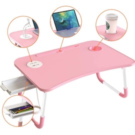 Elekin Laptop Desk for Bed,Portable Folding Lap Desk Bed Table Standing Work Table Bed Tray with 4 USB Port/Cup Holder/Drawer for Bed Couch/Sofa Pink