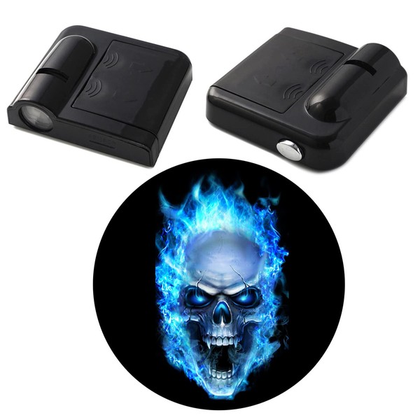 Blue Flaming Skeleton Skull Logo Car Door Lights, Wireless Welcome