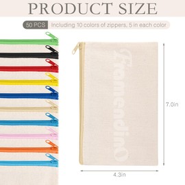 Framendino, 50 Pack Sublimation Blank Canvas Makeup Bags 7 x 4.3 Inch DIY Heat Transfer Cosmetic Pencil Pouches Travel Toiletry with Zipper for Crafts (10 Colors)