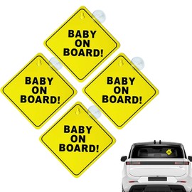 4 Pcs Baby On Board Sign for Cars, Child on Board Car Sign, Baby On Board Signs Suction Cups On Sticker or Car, Yellow Warning Suction Cups On Stickers