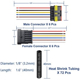 Kit de conector eléctrico impermeable para automóvil de 16 AWG de 6 pines, rotura rápida con cable de calibre 16 y tubo termorretráctil (6 kits)