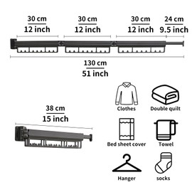 Drying Rack Clothing, Clothes Drying Rack suitable for laundry room and indoor as outdoor, with foldable features, wall mounted drying rack, retractable clothesline with 30 windproof hooks (Black)