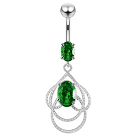 Dark Green Cz Gemstones Fancy Celtic Design Dangling 925 Sterling Silver with Stainless Steel Belly Ring - Belly Button jewelry - Navel jewelry