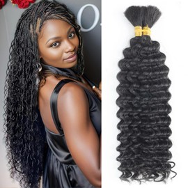 Deep Wave Bulk Human Braiding hair For Boho Braids knotless Micro Curly Wet And Wavy Bundles No Weft 12A Brazilian Remy Human Hair Extensions For Black Women (Deep Bulk - #1B, 24Inch/100G)