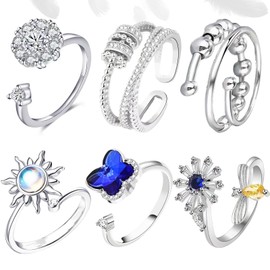 6pcs Anxiety Ring Spinner Rings Women's Silver Fidget Ring Set, Adjustable Anti-Stress Ring with Crystal Stars and Moon Sun Butterfly for Girls Men Birthday Party Gifts, Plastic