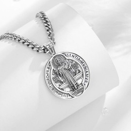 EUDORA S925 Sterling Silver Medalla de San Benito St Benedict Medals Necklace for Women Men, St Saint Benedict Medal Pendant for Protection Christian Catholic Jewelry Gifts for Women Mens, 22"+2"