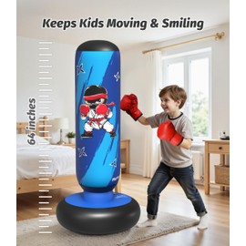 FloVogue Inflatable Punching Bag for Kids with Gloves and Pump, 64 Inch Kids Boxing Bag Set Toys & Gifts for Boys and Girls Ages 3-12 for Karate, Taekwondo, Active Play, Fitness Training