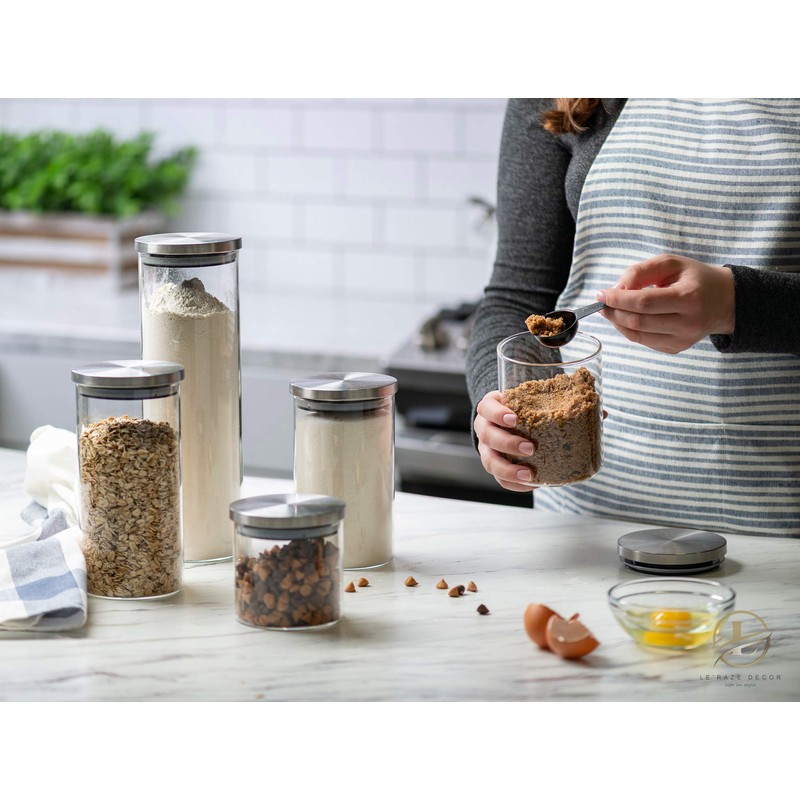 Set of 5 Glass Kitchen Canisters with Airtight Stainless-Steel Lid