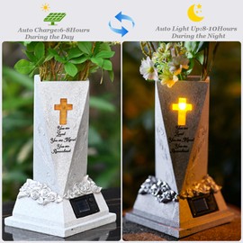 Solar Cemetery Vases for Grave 9 inch Resin Flower Holder Outdoor Vases with Drain Hole & Cruciform Solar Light Gave Decorations for Cemetery Headstone Tomb Day of The Dead Memorial Gifts (Vase)