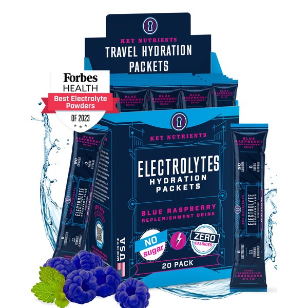 KEY NUTRIENTS Electrolytes Powder Packets - Delicious Blue Raspberry 20 Pack Hydration Packets - Travel Hydration Powder - No Sugar, No Calories, Gluten Free - Made in USA