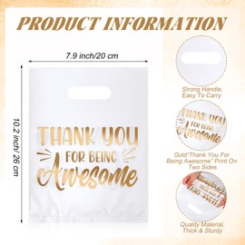 MotiMind 50 Pcs Thank You Gifts Bags Thank You for Being Awesome Plastic 7.9" x 10.2" Thick Employee Appreciation Goodie Bags with Handle for Retail Grocery Shopping Coworker Staff (White)