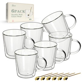 12oz Double Wall Glass Coffee Mugs, Cappuccino Latte Tea Cups with Handle, Heat Resistant Borosilicate Insulated Clear Glasses (Set of 6)