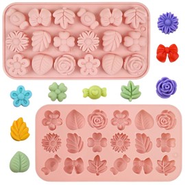 2 Pack Silicone Flower Candy Molds, Daisy Rose Tulip Floral Chocolate Molds with Flower Leaf & Bow Shapes for Baking, Soap, Jello, Ice Cubes, DIY Desserts and Crafts Making