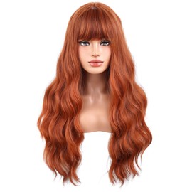 BERON Pelucas Pelirrojas, Rizadas Y Onduladas Para Mujer Con Flequillo, Color Naranja Oscuro, Sintéticas, Resistentes Al Calor, Para Disfraz, Cosplay O Uso Diario. Incluye Gorro.