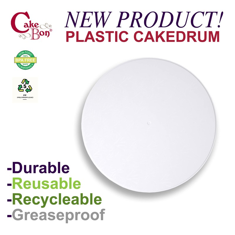 Cakebon Cake Boards Plastic - 8 Inch White Drums 3-Pack