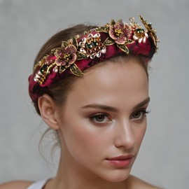 Luxury Baroque Big Wide Crystal Headband for Women Pearl Rhinestone Bead Decorative Hairband Jeweled Head Hoop Party Accessories (HDDY1080-red)