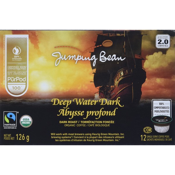 Jumping Bean Deep Water Dark Fairtrade Organic 100% Compostable Coffee Pods - 12 Pack, Dark Roast, 12 Count