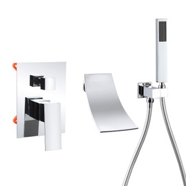 DEOLER Waterfall Wall Mounted Bathtub Faucet Set, Solid Brass Single Handle Tub Filler Faucet Tub Shower Faucet Set with Hand Shower and High Flow Waterfall Tub Spout Rough-In Valve Included, Chrome