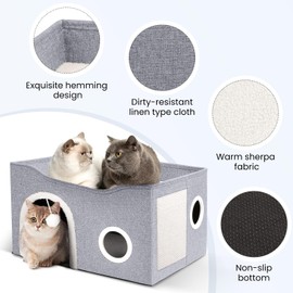 Heeyoo Cat House for Indoor Cats - Large Cat Bed Cave with Fluffy Ball and Scratch Pad, Foldable Cats Houses & Condos, Cat Hideaway, Covered Kitty Bed for Multi Small Large Kitty, 23.8x15.9x13.2 Inch