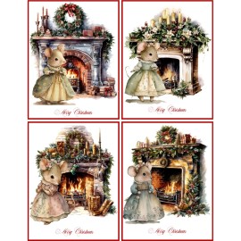 Homemade 8 CHRISTMAS HOLIDAYS MICE MOUSE CARD FIREPLACE BLANK INSIDE GLOSSY RED ENVELOPE