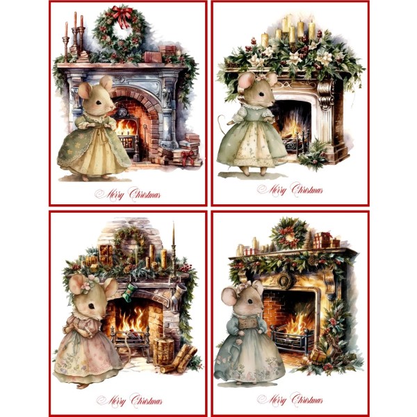 Homemade 8 CHRISTMAS HOLIDAYS MICE MOUSE CARD FIREPLACE BLANK INSIDE