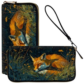 ACWDMKH Wristlet Wallets for Women Slim Cute Zipper Wallet for Women Wallets with RFID Blocking,PU Leather Clutch Credit Card Holder Wallets Purse for Women,Ladies Wallet,Grass Fox