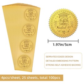 CRASPIRE 2" Gold Foil Embossed Stickers 100Pcs Graduation Cap Fifth Grade Nailed It Certificate Envelopes Seals Self Adhesive Sticker Round Serrated Edge Labels for Invitation Diplomas Decor Gift