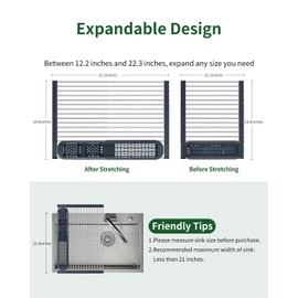 TREANY Expandable Roll Up Dish Drying Rack with Utensil Holder,Over The Sink Dish Drainer,304 Stainless Steel,Multipurpose,Best Gadget for Many Kitchen Task (14.5'' x 22.3'', Grey)