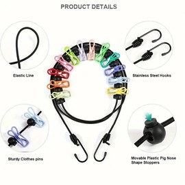 2pc DIY Creative Clothesline with 12 Clips, Multicolor Clothesline with Non-Slip Buckle, 1.8m Clothesline, Travel Outdoor Portable Retractable Elastic Clothesline, Washing Line, Color Random