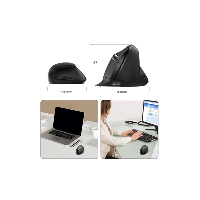 DQST Ratón Vertical Ergonómico Inalambrico Recargable -3 Niveles dpi (800-1600)-Compatible