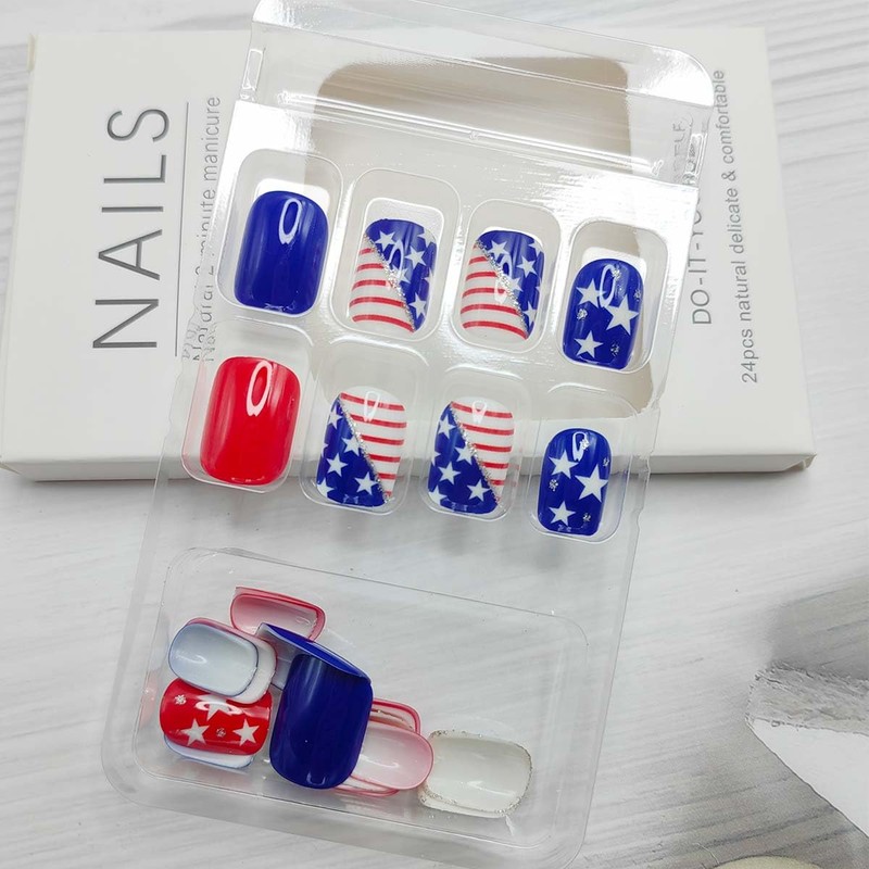 24Pcs Independence Day Press on Nails Short Square Fake Nails