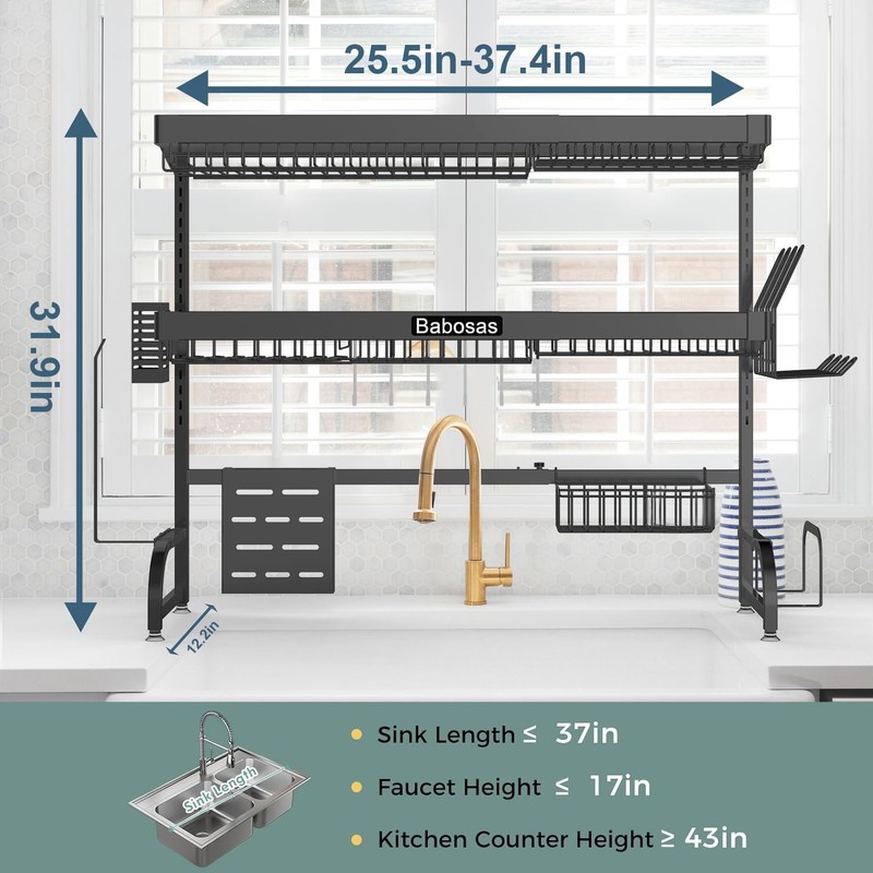Babosas Over The Sink Dish Drying Rack,3 Tier Adjustable Length
