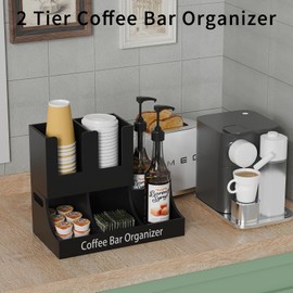 Busidhji Coffee Station Organizer, Wooden Coffee Bar Organizer for Countertop, Condiment and Cup Storage Organizer, Bar Accessories for Kitchen, Office, Home, Small Black