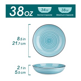 vancasso Bonbon Pasta Bowls Set of 6, 38 Oz Ceramic Salad Bowls, Wide and Shallow Bowls Set, Large Serving Bowls for Kitchen, Blue