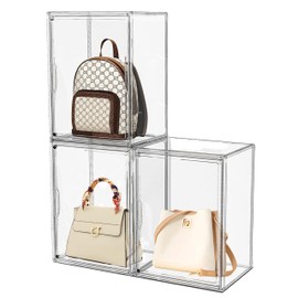 Attelite Plastic Purse and Handbag storage Organizer for Closet, Clear Acrylic Display Case with Magnetic Door for Wallet, Book, Cosmetic, Clutch Organization 3 Pcs