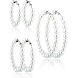 3 Pairs Pearl Hoop Earrings Pearl Earrings for Women Girlfriend Brides Gift Silver Earring Needle