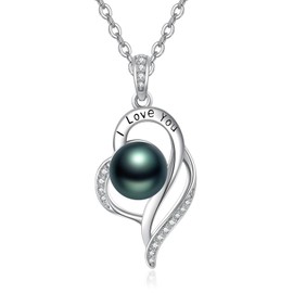 Black Pearl Heart Necklace 925 Sterling Silver I Love You Tahitian Black Pearl Necklace Freshwater Jewelry Inlaid Birthday Present Gifts for Women Mother